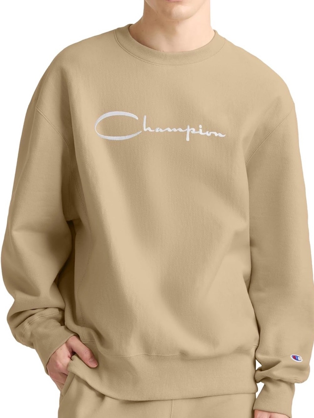 Champion Tan Script Logo Crewneck Sweatshirt
